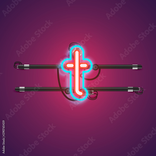 Realistic glowing double neon charcter from a fontset with console, vector illustration