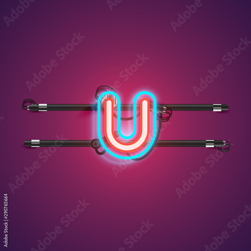 Realistic glowing double neon charcter from a fontset with console, vector illustration