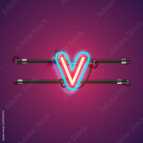 Realistic glowing double neon charcter from a fontset with console, vector illustration