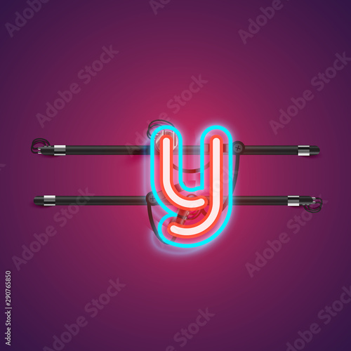 Realistic glowing double neon charcter from a fontset with console, vector illustration
