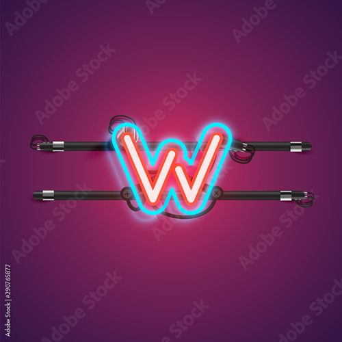 Realistic glowing double neon charcter from a fontset with console, vector illustration