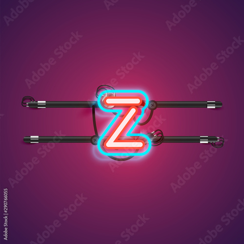 Realistic glowing double neon charcter from a fontset with console, vector illustration
