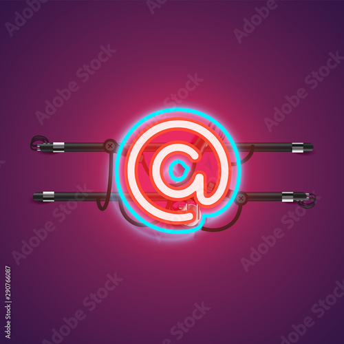 Realistic glowing double neon charcter from a fontset with console, vector illustration