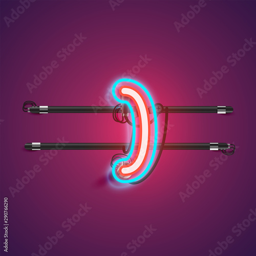 Realistic glowing double neon charcter from a fontset with console, vector illustration