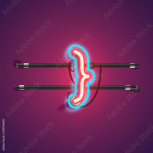 Realistic glowing double neon charcter from a fontset with console, vector illustration