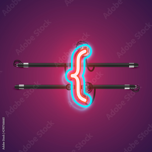 Realistic glowing double neon charcter from a fontset with console, vector illustration