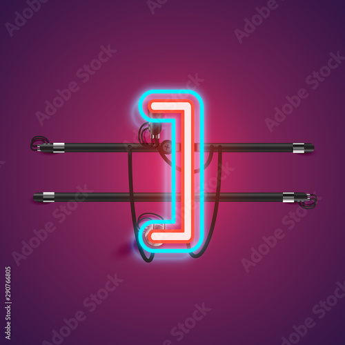 Realistic glowing double neon charcter from a fontset with console, vector illustration