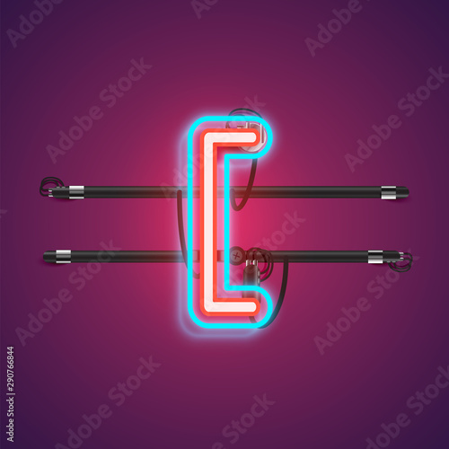 Realistic glowing double neon charcter from a fontset with console, vector illustration
