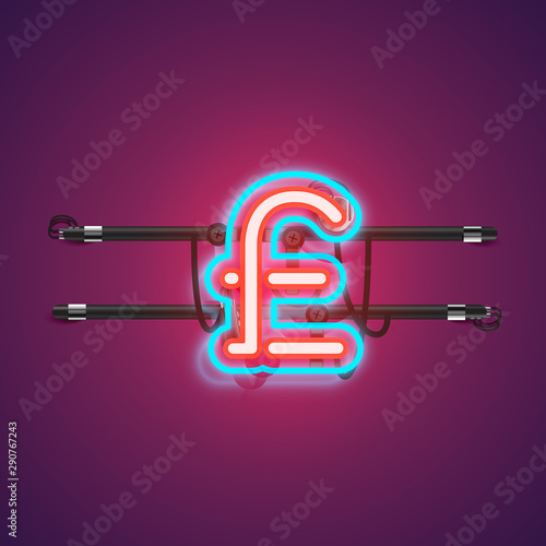 Realistic glowing double neon charcter from a fontset with console, vector illustration