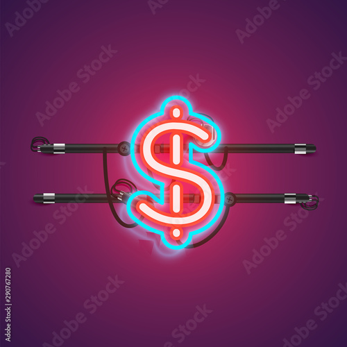 Realistic glowing double neon charcter from a fontset with console, vector illustration