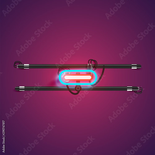 Realistic glowing double neon charcter from a fontset with console, vector illustration