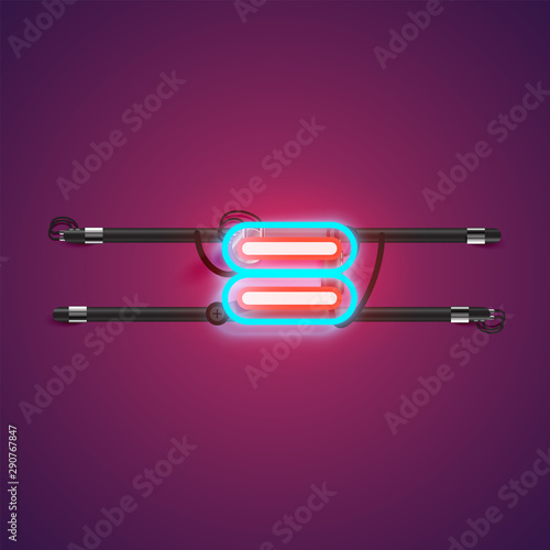 Realistic glowing double neon charcter from a fontset with console, vector illustration