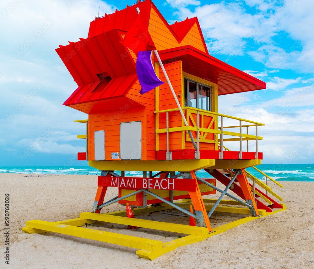 Red and oranfge lifeguard hut in world famous Miami Beach Red and oranfge lifeguard hut in world famous Miami Beach