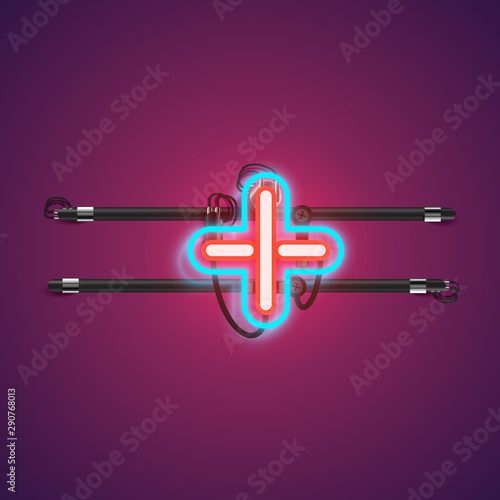 Realistic glowing double neon charcter from a fontset with console, vector illustration
