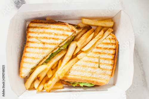 Club sandwich with french fries, top view photo