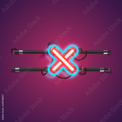 Realistic glowing double neon charcter from a fontset with console, vector illustration