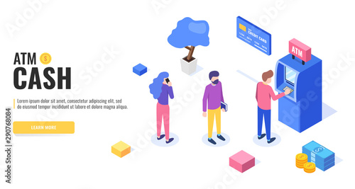 Queue at the ATM concept. Man standing near atm machine. Web banner, infographics. Isometric vector illustration.