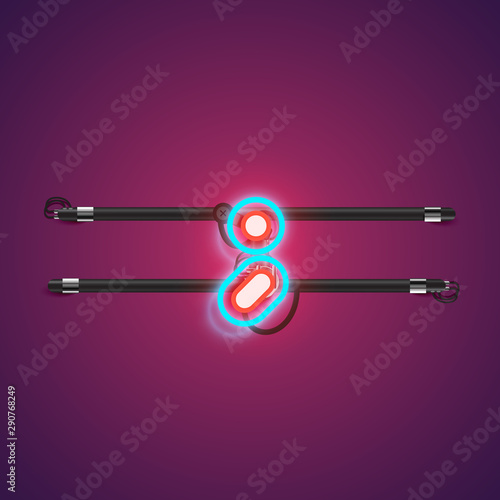 Realistic glowing double neon charcter from a fontset with console, vector illustration