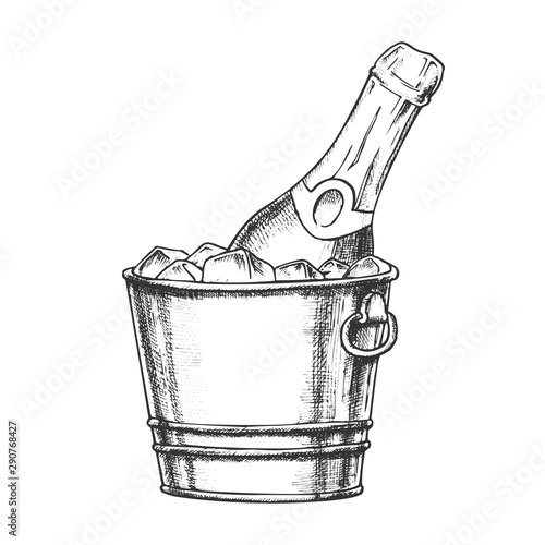Champagne Bottle In Bucketful With Ice Ink Vector. Cold Sparkling Winery Alcoholic Champagne In Pail. Luxury Bubbly Beverage Engraving Template Hand Drawn In Vintage Style Black And White Illustration