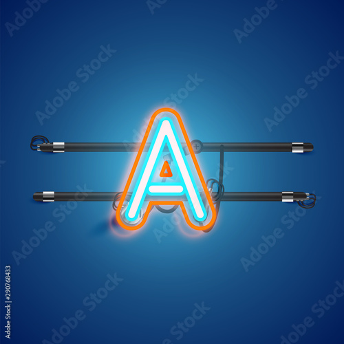 Realistic glowing double neon charcter from a fontset with console, vector illustration