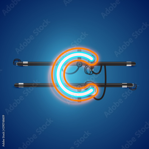 Realistic glowing double neon charcter from a fontset with console, vector illustration