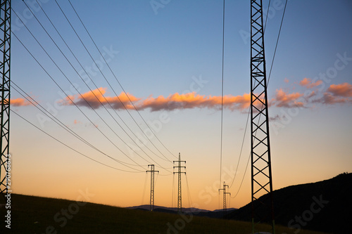 Electric Mast Pylon Network Cables Sunset