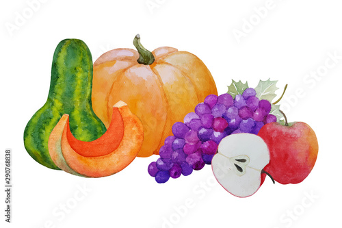 watercolor autumn composition with pumpkins, apples and grape, hand painted vector illustration for thanksgiving holiday or autumn harvest festival design