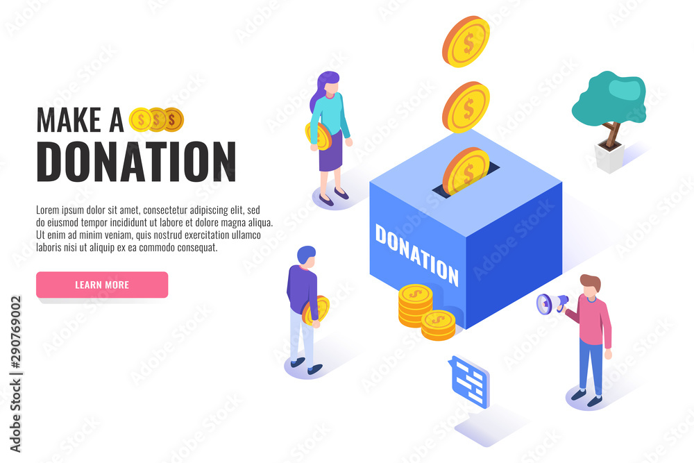 Donation concept. Big box with money. Users are holding coins. Web banner, infographics. Isometric vector illustration. Donation concept. Big box with money. Users are holding coins. Web banner, infographics. Isometric vector illustration.