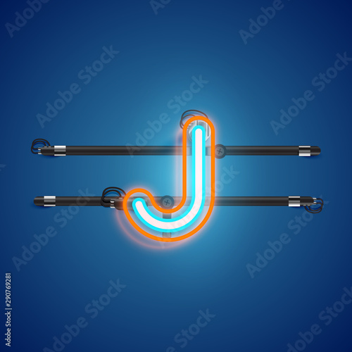 Realistic glowing double neon charcter from a fontset with console, vector illustration