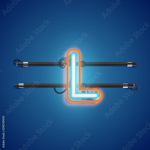 Realistic glowing double neon charcter from a fontset with console, vector illustration