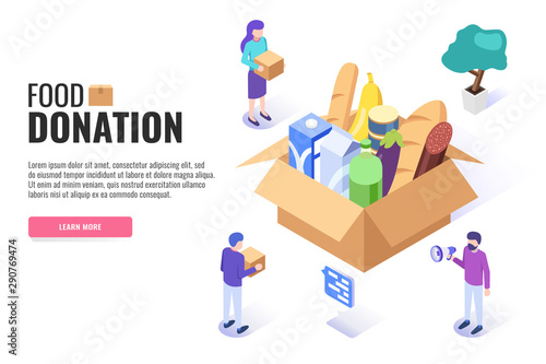 Food donation concept. Big box with food donation. Web banner, infographics. Isometric vector illustration.