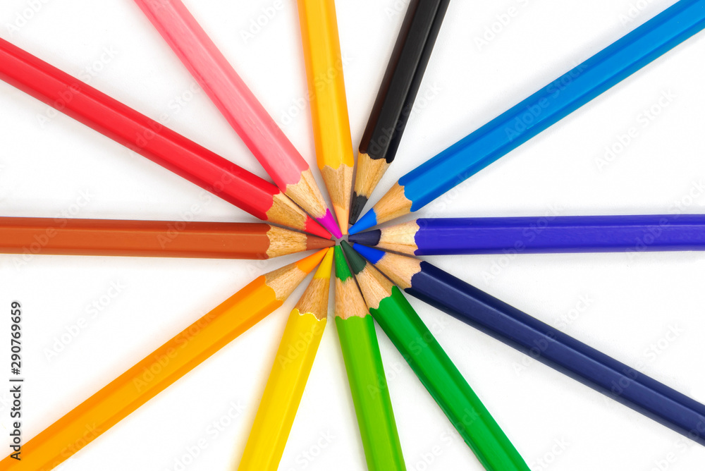 colorful pencils point together ons on white background colorful pencils point together ons on white background