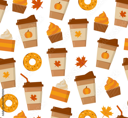 Pumpkin spice latte season. Coffee mugs and sweets isolated on white background. Flat vector seamless pattern.