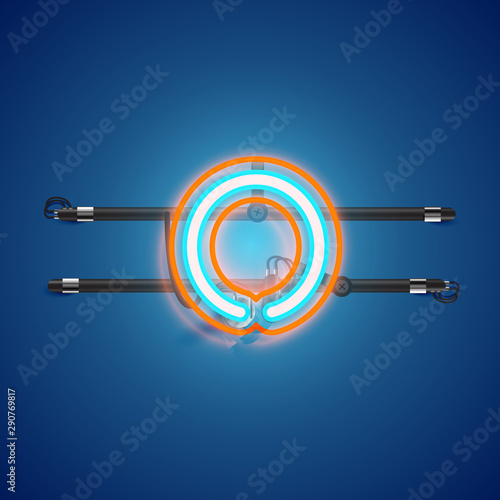 Realistic glowing double neon charcter from a fontset with console, vector illustration