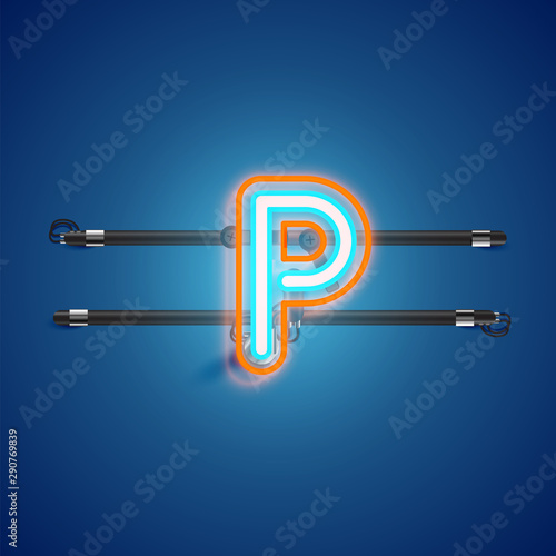 Realistic glowing double neon charcter from a fontset with console, vector illustration
