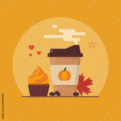 Pumpkin spice latte, cupcake and maple leaf. Flat vector illustration.