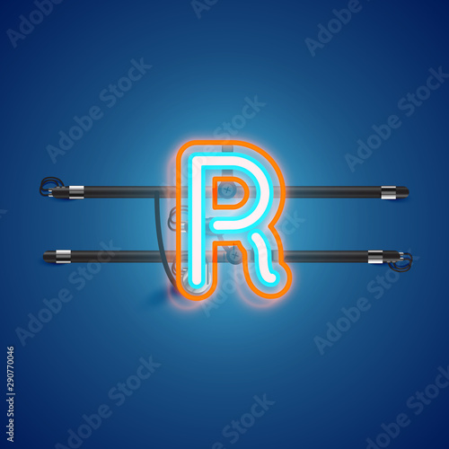 Realistic glowing double neon charcter from a fontset with console, vector illustration