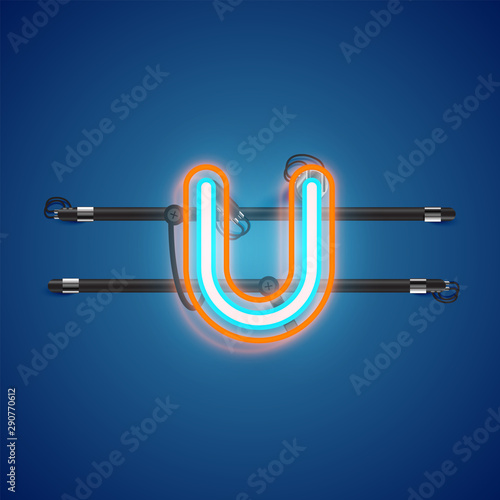 Realistic glowing double neon charcter from a fontset with console, vector illustration