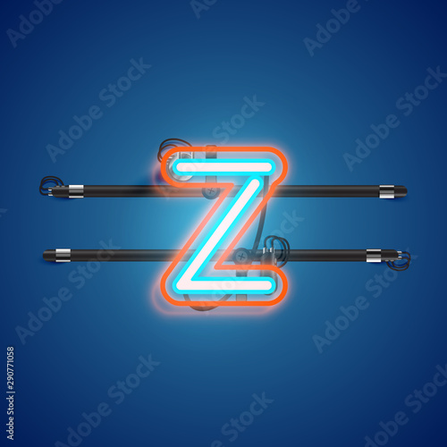Realistic glowing double neon charcter from a fontset with console, vector illustration