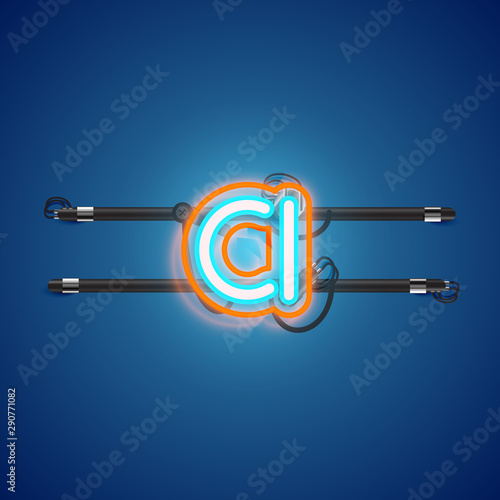 Realistic glowing double neon charcter from a fontset with console, vector illustration