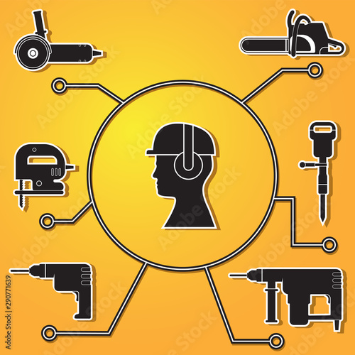 Icon set construction electrical tools. Chainsaw hammer drill rotary hammer angle grinder jig saw head in the helmet of the Builder on the isolated background. Vector image.