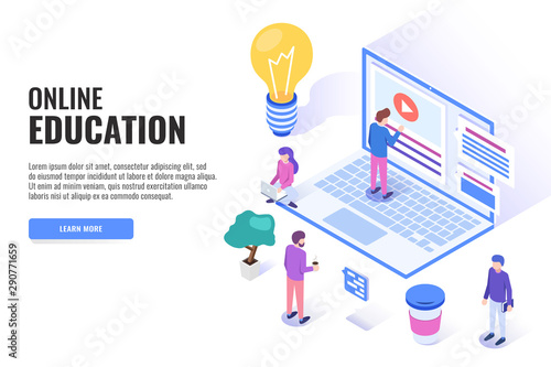 Online education concept. Web banner, infographics. Isometric vector illustration.