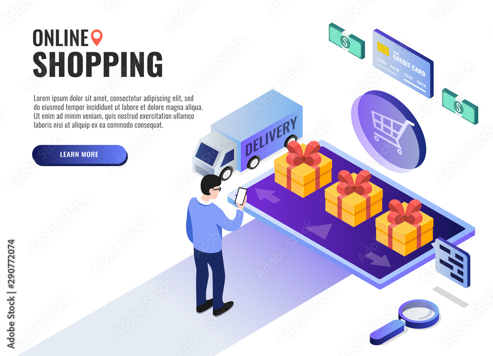 Online shopping concept. User chooses a gift. Web banner, infographics. Isometric vector illustration. Online shopping concept. User chooses a gift. Web banner, infographics. Isometric vector illustration.