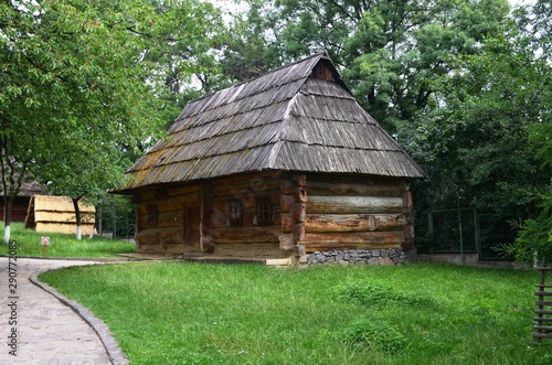 Uzhgorod, Ukraine, 06/30/2015. Transcarpathian Museum of Folk Architecture and Life is an open-air museum. 18th century building, old house transported from Ukrainian villages, Carpathian Mountains