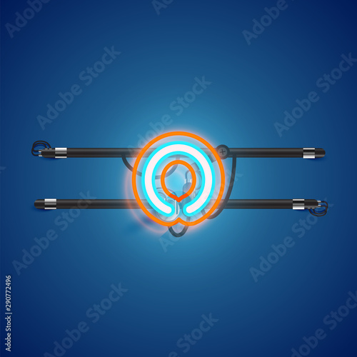 Realistic glowing double neon charcter on and off from a fontset, vector illustration