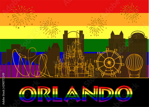 Orlando, Florida. July 23, 2019 Orlando colorful lettering on colorful background. Vector with travel icons and fireworks. Travel Postcard (1)