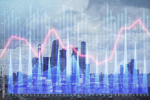 Double exposure of financial graph on downtown veiw background. Concept of stock market research and analysis