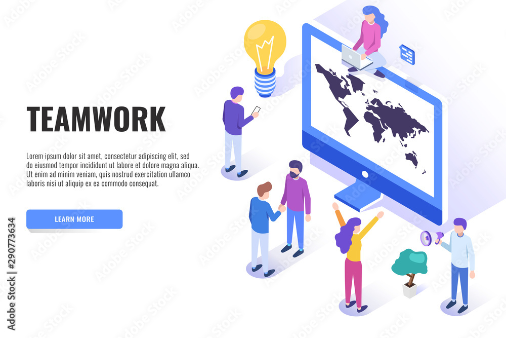 Teamwork concept. Users work near the computer. Web banner, infographics. Isometric vector illustration.
