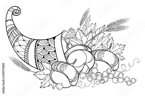 Outline Cornucopia or Horn of plenty full of pumpkin, grape, wheat and maple leaf in black isolated on white background. 