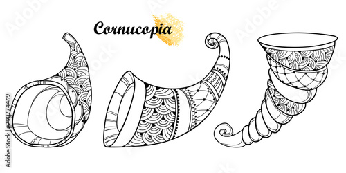 Set of outline empty thanksgiving Cornucopia or Horn of plenty in black isolated on white background. 